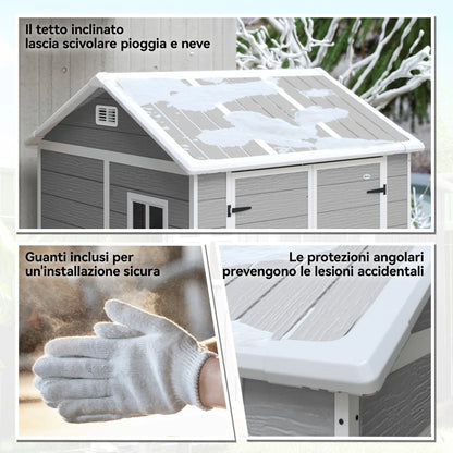 Outsunny Casetta da Giardino in Resina con Pavimento, 2 Porte con Blocco, Finestra, 1.8x1.8m, Grigio