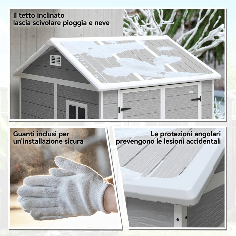 Outsunny Casetta da Giardino in Resina con Pavimento, 2 Porte con Blocco, Finestra, 1.8x1.8m, Grigio