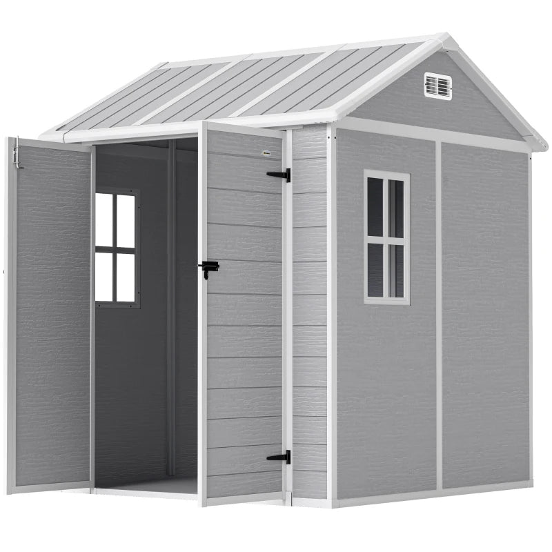 Outsunny Casetta da Giardino in Resina con Pavimento, 2 Porte con Blocco, Finestra, 1.8x1.8m, Grigio