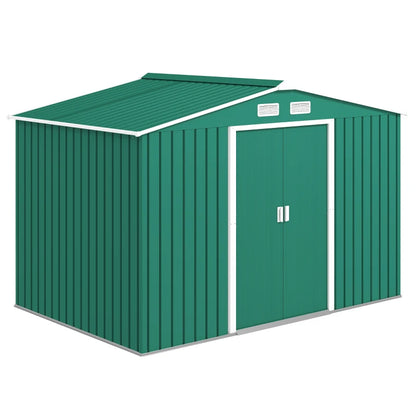 Outsunny Casetta da Giardino 4.9 m² con Fondazione, 4 Prese d'Aria e 2 Porte Scorrevoli, Capanno Porta Attrezzi in Lamiera d'Acciaio, 277x195x192 cm, Verde Scuro