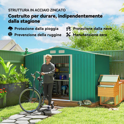 Outsunny Casetta da Giardino 4.9 m² con Fondazione, 4 Prese d'Aria e 2 Porte Scorrevoli, Capanno Porta Attrezzi in Lamiera d'Acciaio, 277x195x192 cm, Verde Scuro