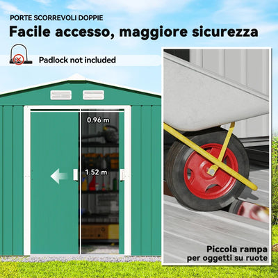 Outsunny Casetta da Giardino 4.9 m² con Fondazione, 4 Prese d'Aria e 2 Porte Scorrevoli, Capanno Porta Attrezzi in Lamiera d'Acciaio, 277x195x192 cm, Verde Scuro