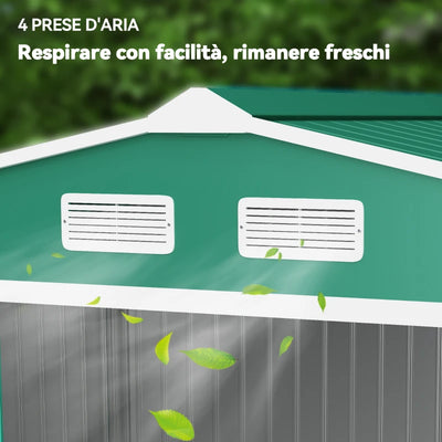 Outsunny Casetta da Giardino 4.9 m² con Fondazione, 4 Prese d'Aria e 2 Porte Scorrevoli, Capanno Porta Attrezzi in Lamiera d'Acciaio, 277x195x192 cm, Verde Scuro