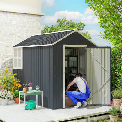 Outsunny Casetta da Giardino Porta Attrezzi in Acciaio Zincato e PP con Finestra, 259x172x222 cm, Grigia e Bianca