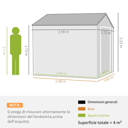 Outsunny Casetta da Giardino Porta Attrezzi in Acciaio Zincato e PP con Finestra, 259x172x222 cm, Grigia e Bianca