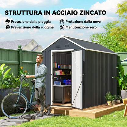 Outsunny Casetta da Giardino Porta Attrezzi in Acciaio Zincato e PP con Finestra, 259x172x222 cm, Grigia e Bianca
