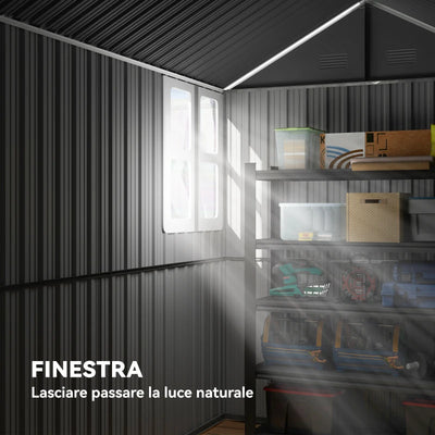 Outsunny Casetta da Giardino Porta Attrezzi in Acciaio Zincato e PP con Finestra, 259x172x222 cm, Grigia e Bianca