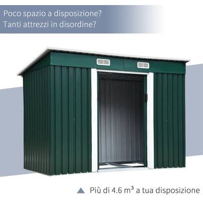 Outsunny Capanno da Giardino con 2 Porte Scorrevoli e Tetto Inclinato in Lamiera d'Acciaio, 261x133x182cm, Verde