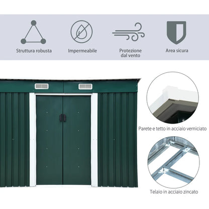 Outsunny Capanno da Giardino con 2 Porte Scorrevoli e Tetto Inclinato in Lamiera d'Acciaio, 261x133x182cm, Verde