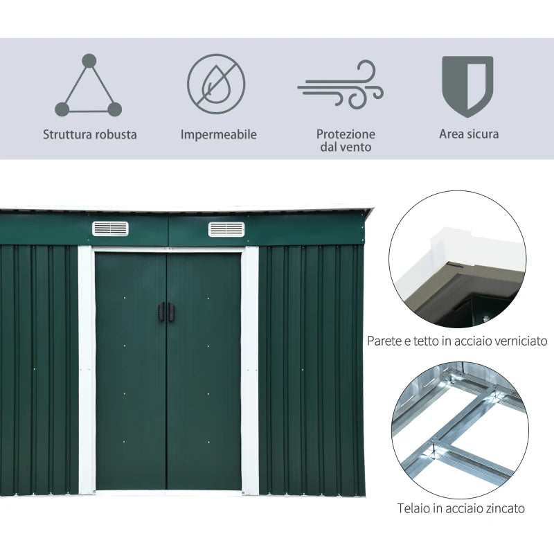 Outsunny Capanno da Giardino con 2 Porte Scorrevoli e Tetto Inclinato in Lamiera d'Acciaio, 261x133x182cm, Verde
