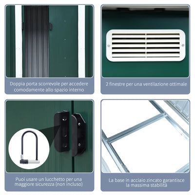 Outsunny Capanno da Giardino con 2 Porte Scorrevoli e Tetto Inclinato in Lamiera d'Acciaio, 261x133x182cm, Verde