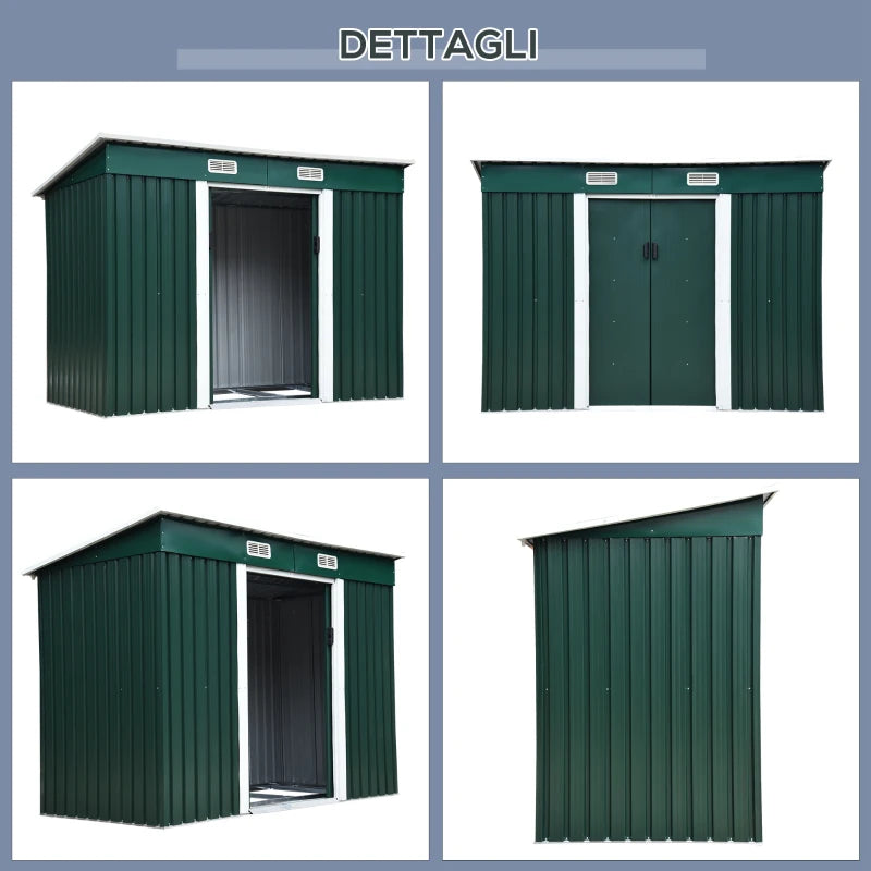 Outsunny Capanno da Giardino con 2 Porte Scorrevoli e Tetto Inclinato in Lamiera d'Acciaio, 261x133x182cm, Verde