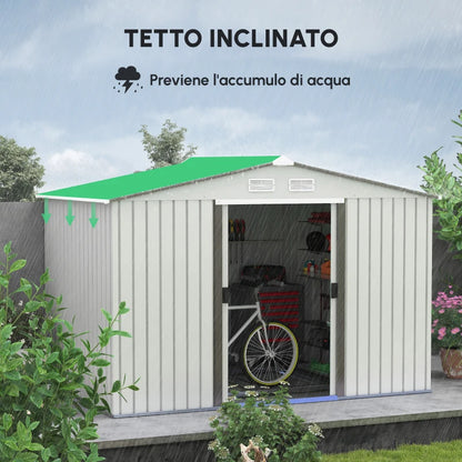 Outsunny Casetta da Giardino in Lamiera d'Acciaio con Doppie Porte Scorrevoli, 277x195x192cm, Argento