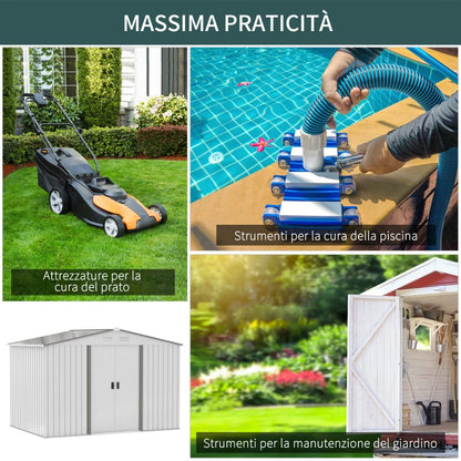 Outsunny Casetta da Giardino in Lamiera d'Acciaio con Doppie Porte Scorrevoli, 277x195x192cm, Argento