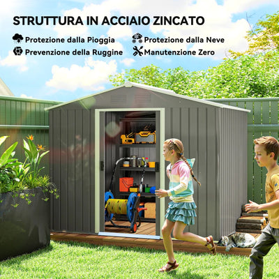 Outsunny Casetta da Giardino in Lamiera di Acciaio con Porte Scorrevoli, 236x174x190cm, Grigio