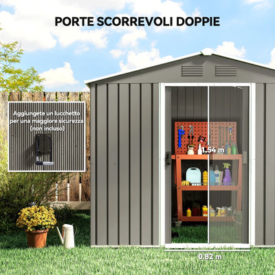 Outsunny Casetta da Giardino in Lamiera di Acciaio con Porte Scorrevoli, 236x174x190cm, Grigio