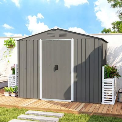 Outsunny Casetta da Giardino in Lamiera di Acciaio con Porte Scorrevoli, 236x174x190cm, Grigio