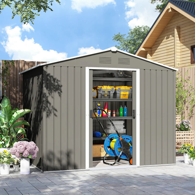 Outsunny Casetta da Giardino in Lamiera di Acciaio con Porte Scorrevoli, 236x174x190cm, Grigio