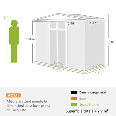 Outsunny Capanno da Giardino Porta Attrezzi in Acciaio Zincato con 2 Porte, 246x117x180 cm, Grigio Scuro