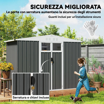 Outsunny Capanno da Giardino Porta Attrezzi in Acciaio Zincato con 2 Porte, 246x117x180 cm, Grigio Scuro
