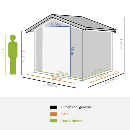 Outsunny Capanno da Giardino 2x1.5x1.9m in Acciaio Zincato, Doppia Porta Scorrevole e 4 Prese d'aria