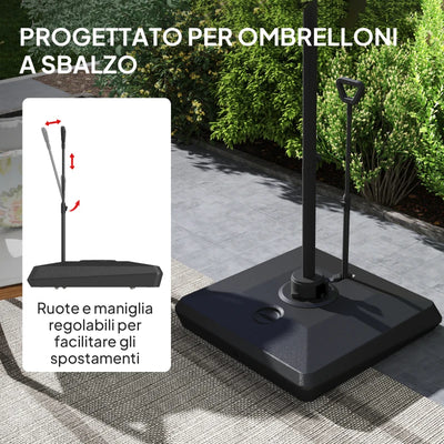 Outsunny Base per Ombrellone a Sbalzo in HDPE con Maniglia e Ruote e Riempibile con Acqua o Sabbia, 95x95x117 cm, Nero