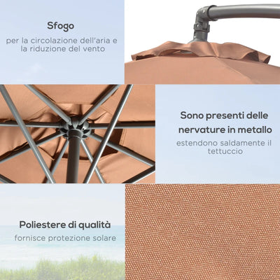 Outsunny Ombrellone Decentrato a 6 Stecche con Manovella e Base a Croce, in Metallo e Poliestere, Ø292x247 cm, Caffè