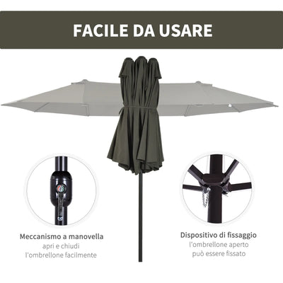 Outsunny Ombrellone Doppio da Giardino 4.6x2.7 m a 12 Stecche con Prese d'Aria e Manovella, Ombrellone per Esterni in Acciaio e Poliestere, Anti UV, Grigio