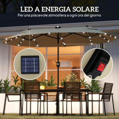Outsunny Ombrellone Doppio con Luci LED e Base a Croce, in Poliestere e Acciaio, 295x150x219 cm, Bianco Crema