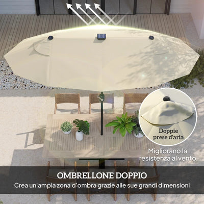 Outsunny Ombrellone Doppio con Luci LED e Base a Croce, in Poliestere e Acciaio, 295x150x219 cm, Bianco Crema