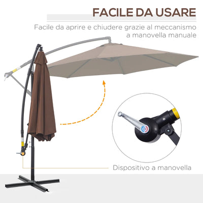 Outsunny Ombrellone Decentrato Ø3x2.5 m con Base a Croce e Manovella, in Acciaio e Poliestere color Caffè