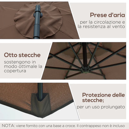 Outsunny Ombrellone Decentrato Ø3x2.5 m con Base a Croce e Manovella, in Acciaio e Poliestere color Caffè
