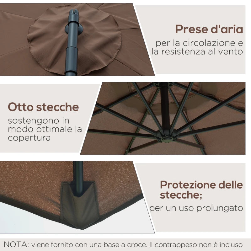 Outsunny Ombrellone Decentrato Ø3x2.5 m con Base a Croce e Manovella, in Acciaio e Poliestere color Caffè