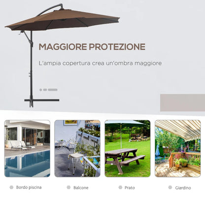 Outsunny Ombrellone Decentrato Ø3x2.5 m con Base a Croce e Manovella, in Acciaio e Poliestere color Caffè