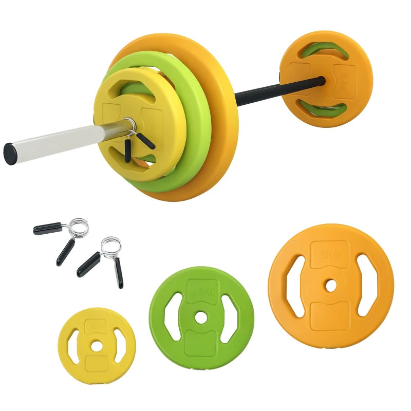HOMCOM Set Bilanciere e Dischi da 20 kg totali Antiscivolo con 6 Pesi e 2 Clip di Fissaggio, Ø28x130 cm, Multicolore