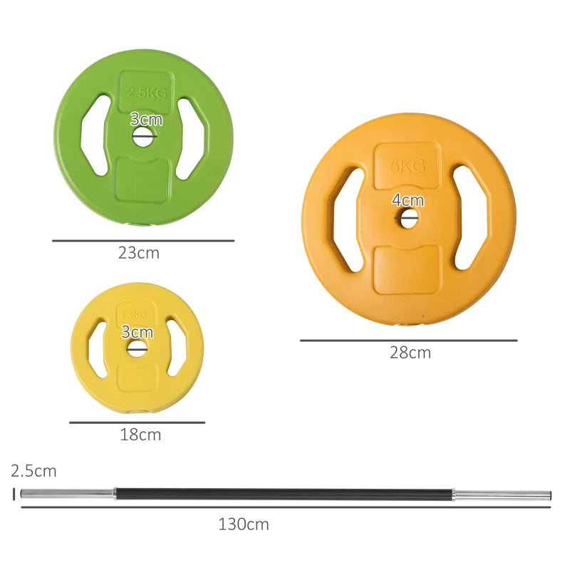 HOMCOM Set Bilanciere e Dischi da 20 kg totali Antiscivolo con 6 Pesi e 2 Clip di Fissaggio, Ø28x130 cm, Multicolore