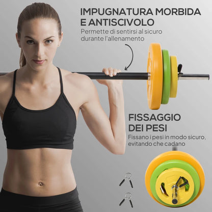 HOMCOM Set Bilanciere e Dischi da 20 kg totali Antiscivolo con 6 Pesi e 2 Clip di Fissaggio, Ø28x130 cm, Multicolore