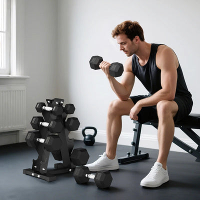 SPORTNOW Set Manubri da Palestra Esagonali con Supporto e Impugnatura Antiscivolo, 2x2kg, 2x5kg, 2x8kg, 2x10kg, Nero