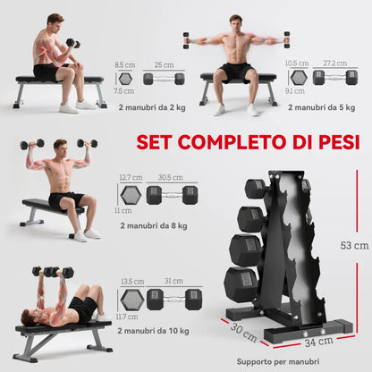 SPORTNOW Set Manubri da Palestra Esagonali con Supporto e Impugnatura Antiscivolo, 2x2kg, 2x5kg, 2x8kg, 2x10kg, Nero