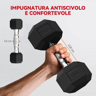 SPORTNOW Set Manubri da Palestra Esagonali con Supporto e Impugnatura Antiscivolo, 2x2kg, 2x5kg, 2x8kg, 2x10kg, Nero