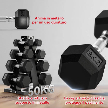 SPORTNOW Set Manubri da Palestra Esagonali con Supporto e Impugnatura Antiscivolo, 2x2kg, 2x5kg, 2x8kg, 2x10kg, Nero