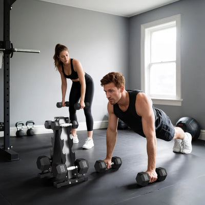 SPORTNOW Set Manubri da Palestra Esagonali con Supporto e Impugnatura Antiscivolo, 2x2kg, 2x5kg, 2x8kg, 2x10kg, Nero