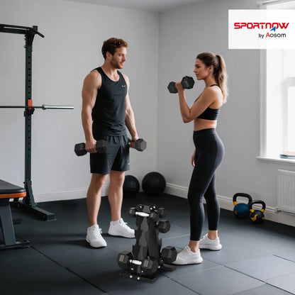SPORTNOW Set Manubri da Palestra Esagonali con Supporto e Impugnatura Antiscivolo, 2x2kg, 2x5kg, 2x8kg, 2x10kg, Nero