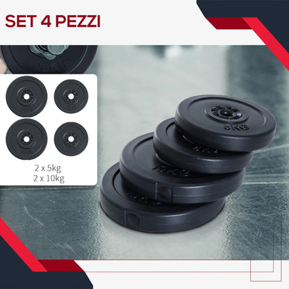 HOMCOM Set di 4 Dischi Pesi per Bilanciere e Manubri Peso Totale 30kg, 2x5kg e 2x10kg, Nero