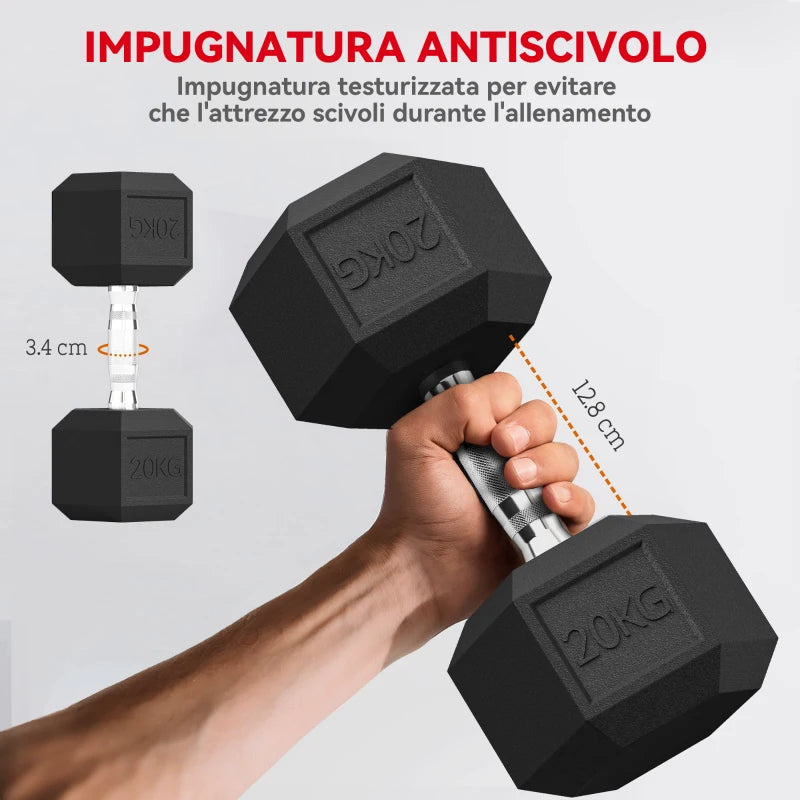 HOMCOM Manubrio Esagonale da 20kg in Acciaio e Gomma per Workout in Palestra, Casa e Ufficio, Nero