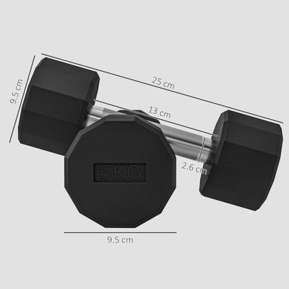 SPORTNOW Set 2 Manubri a 12 Lati da 5 kg in Metallo e Gomma con Impugnatura Antiscivolo, 25x9.5x9.5 cm, Nero