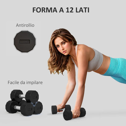 SPORTNOW Set 2 Manubri a 12 Lati da 5 kg in Metallo e Gomma con Impugnatura Antiscivolo, 25x9.5x9.5 cm, Nero