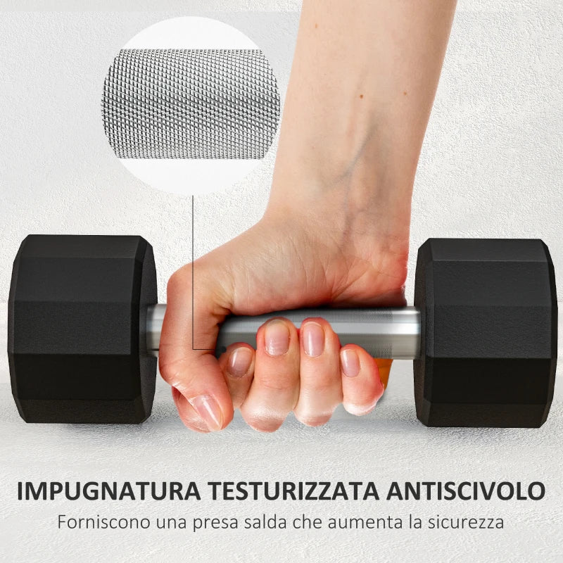 SPORTNOW Set 2 Manubri a 12 Lati da 5 kg in Metallo e Gomma con Impugnatura Antiscivolo, 25x9.5x9.5 cm, Nero