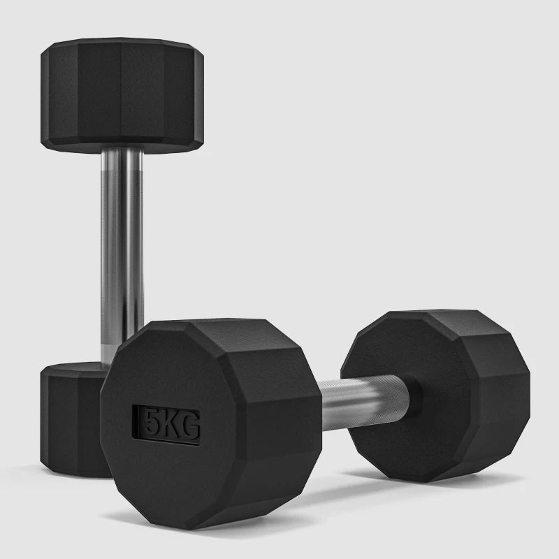 SPORTNOW Set 2 Manubri a 12 Lati da 5 kg in Metallo e Gomma con Impugnatura Antiscivolo, 25x9.5x9.5 cm, Nero