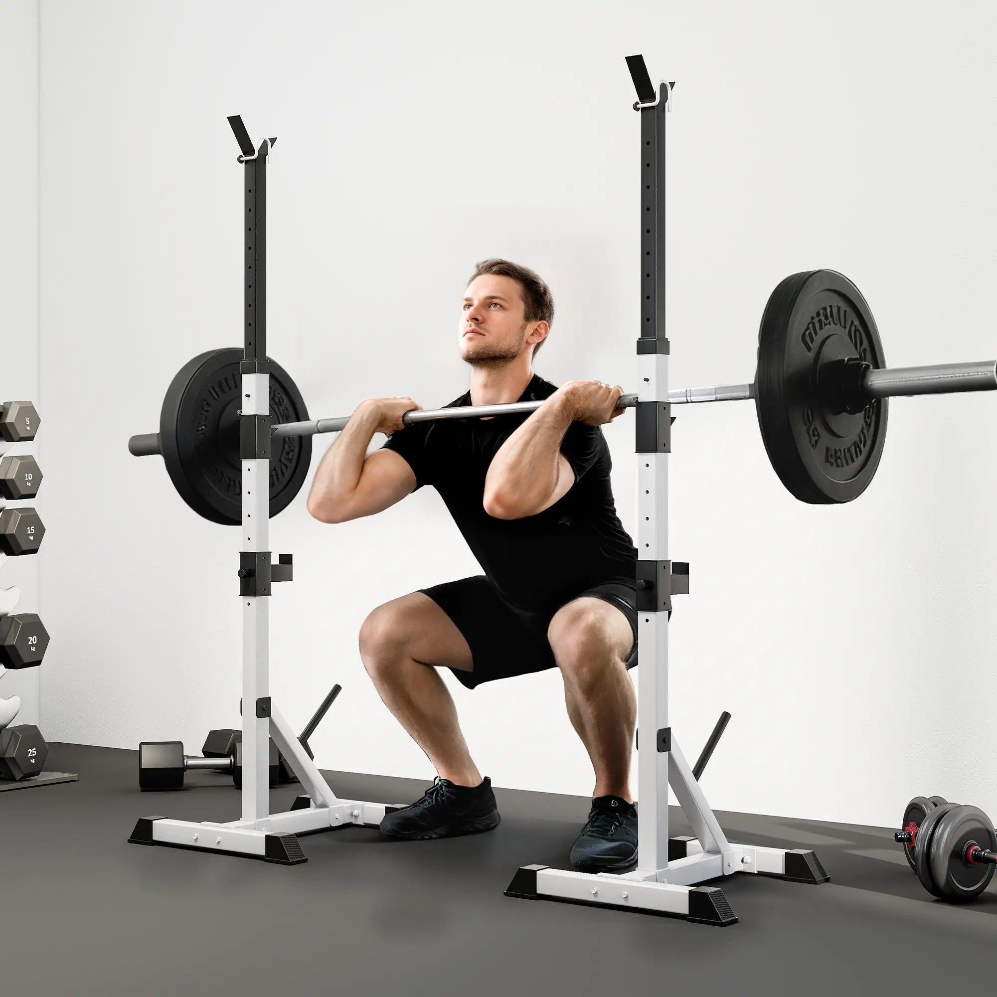 HOMCOM Set 2 Supporti Bilanciere in Acciaio con 3 Ganci, Altezza Regolabile e Portata 200kg, Argento e Nero